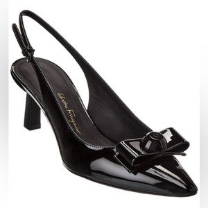 Salvatore Ferragamo Black Patent Leather Slingback Heels with Bow